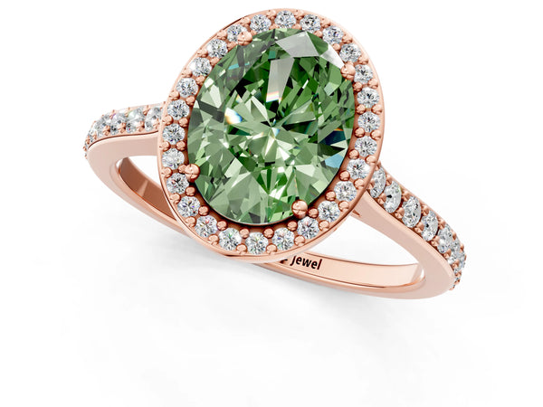 Rose gold Fancy Green Oval Cut Halo Round Diamond Pavé Band with Four-Prong Setting