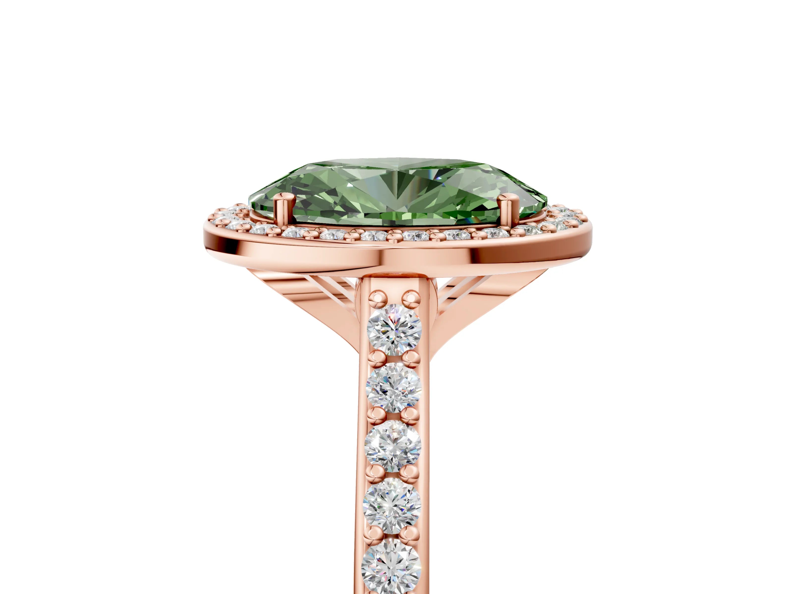 Rose gold Fancy Green Oval Cut Halo Round Diamond Pavé Band with Four-Prong Setting_8