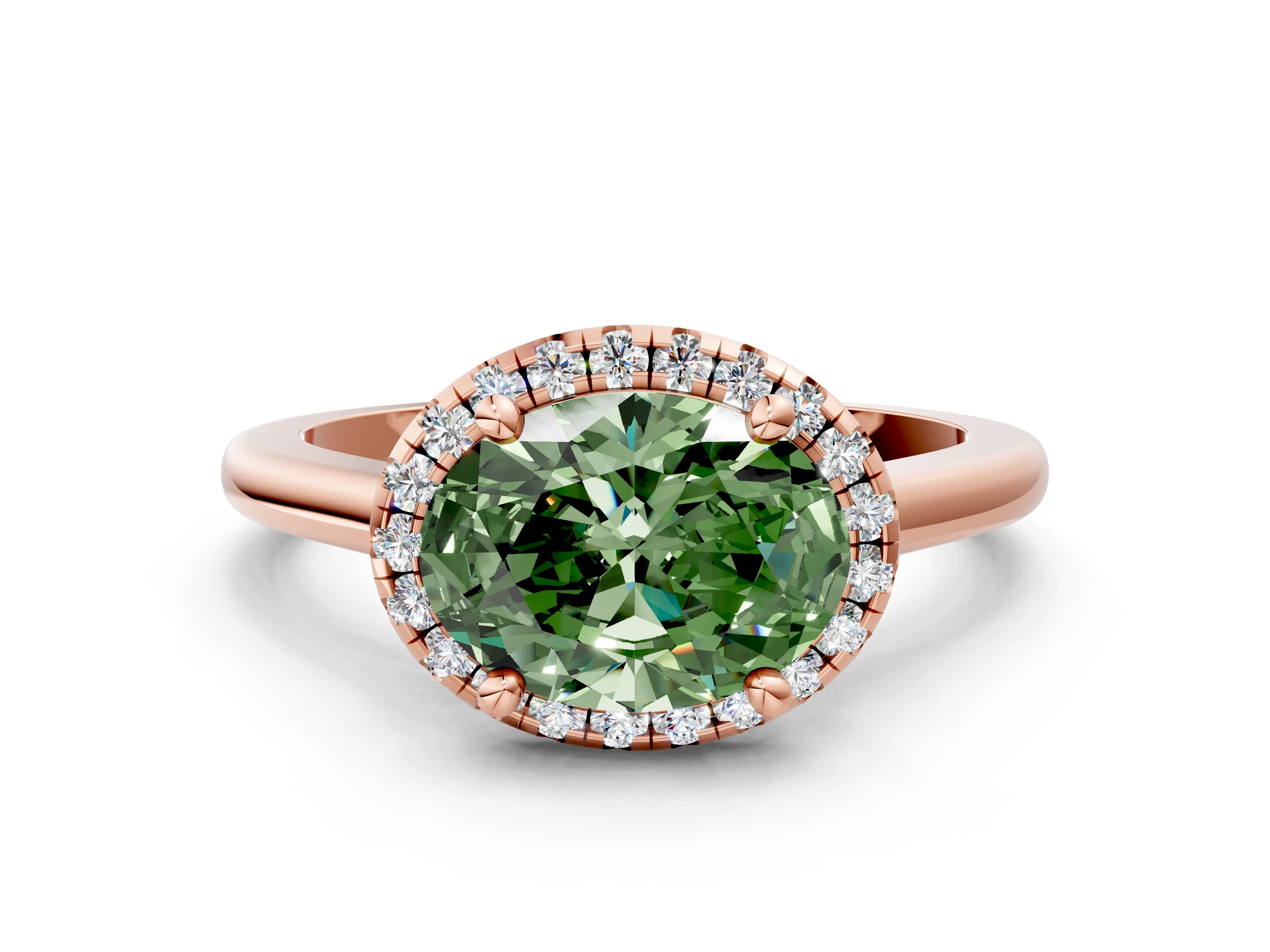 Rose gold Fancy Green Oval Cut Halo Round Diamond Solitaire Engagement Ring with Pave Band and Four-Prong Setting_12