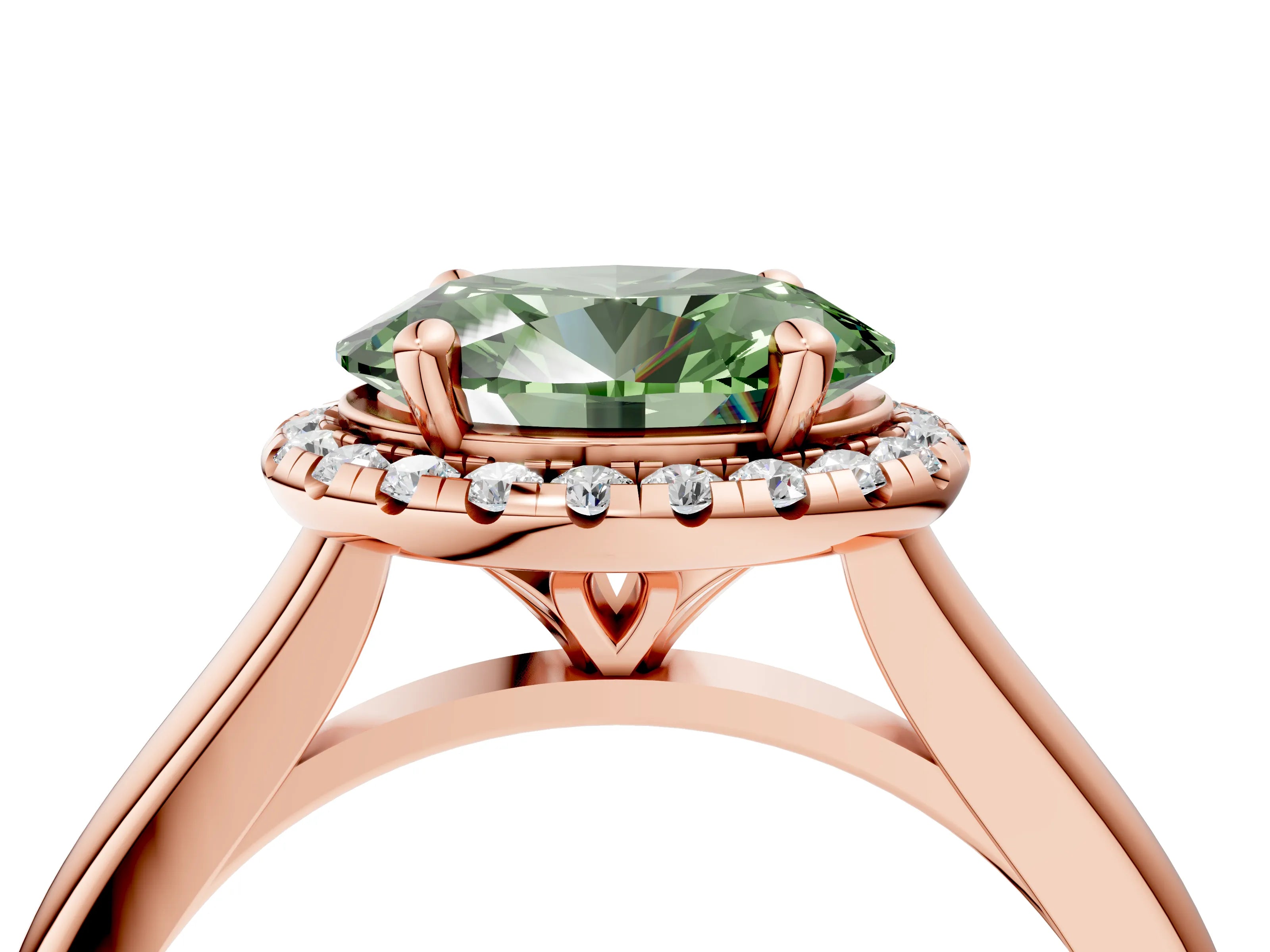 Rose gold Fancy Green Oval Cut Halo Round Diamond Solitaire Engagement Ring with Pave Band and Four-Prong Setting_16
