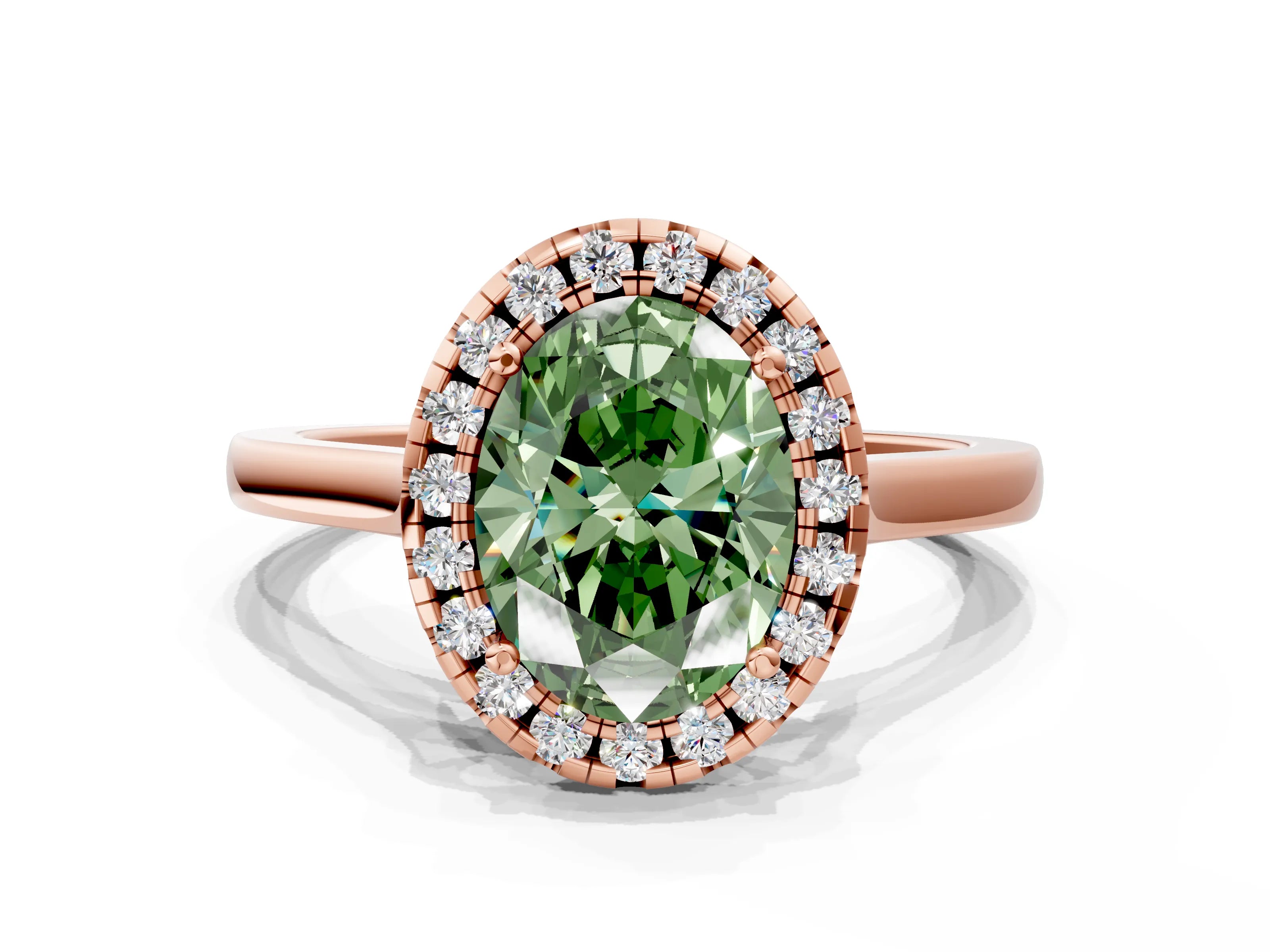 Rose gold Fancy Green Oval Cut Halo Round Diamond Solitaire Ring with Pavé Band and Four-Prong Setting