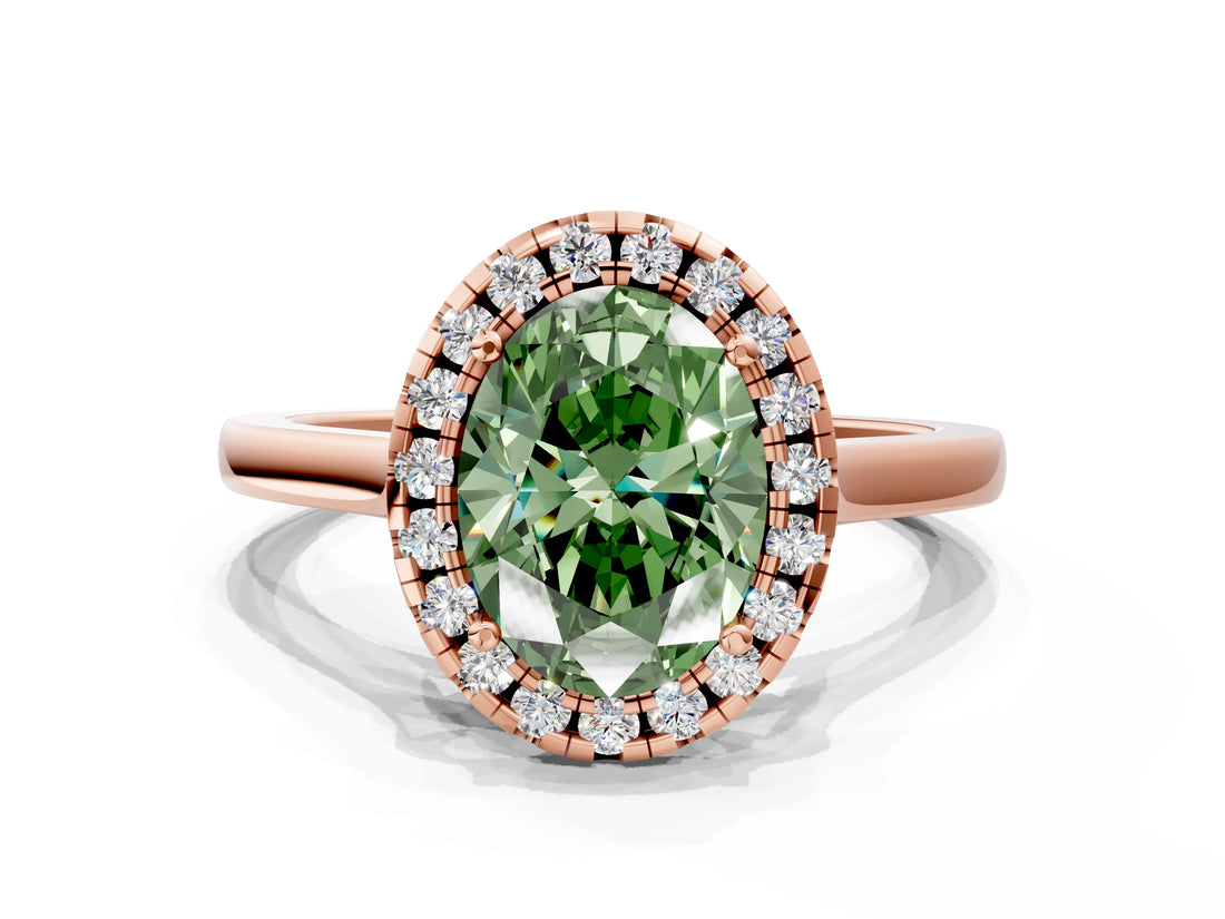 Rose gold Fancy Green Oval Cut Halo Round Diamond Solitaire Ring with Pavé Band and Four-Prong Setting