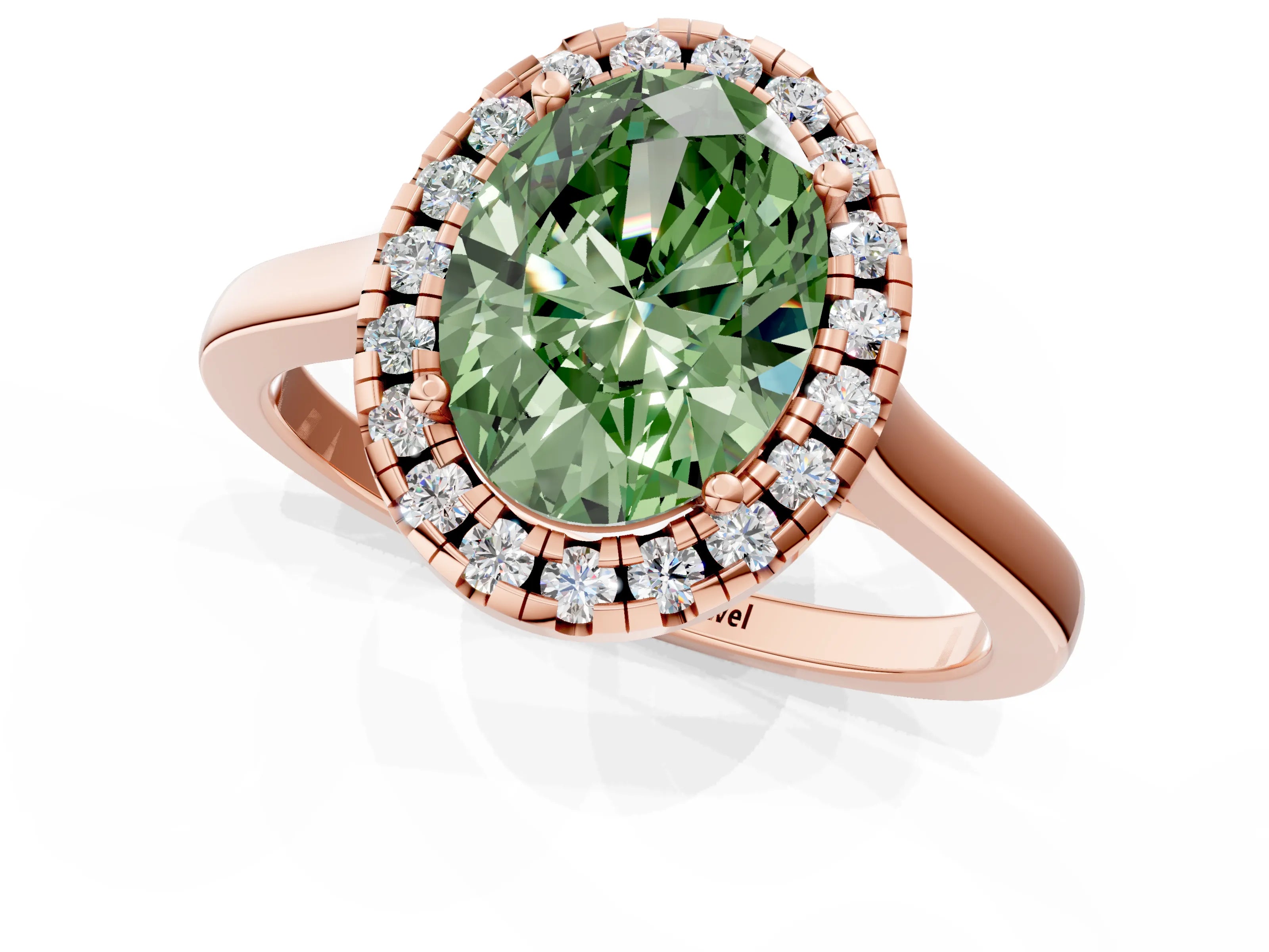 Rose gold Fancy Green Oval Cut Halo Round Diamond Solitaire Ring with Pavé Band and Four-Prong Setting_1