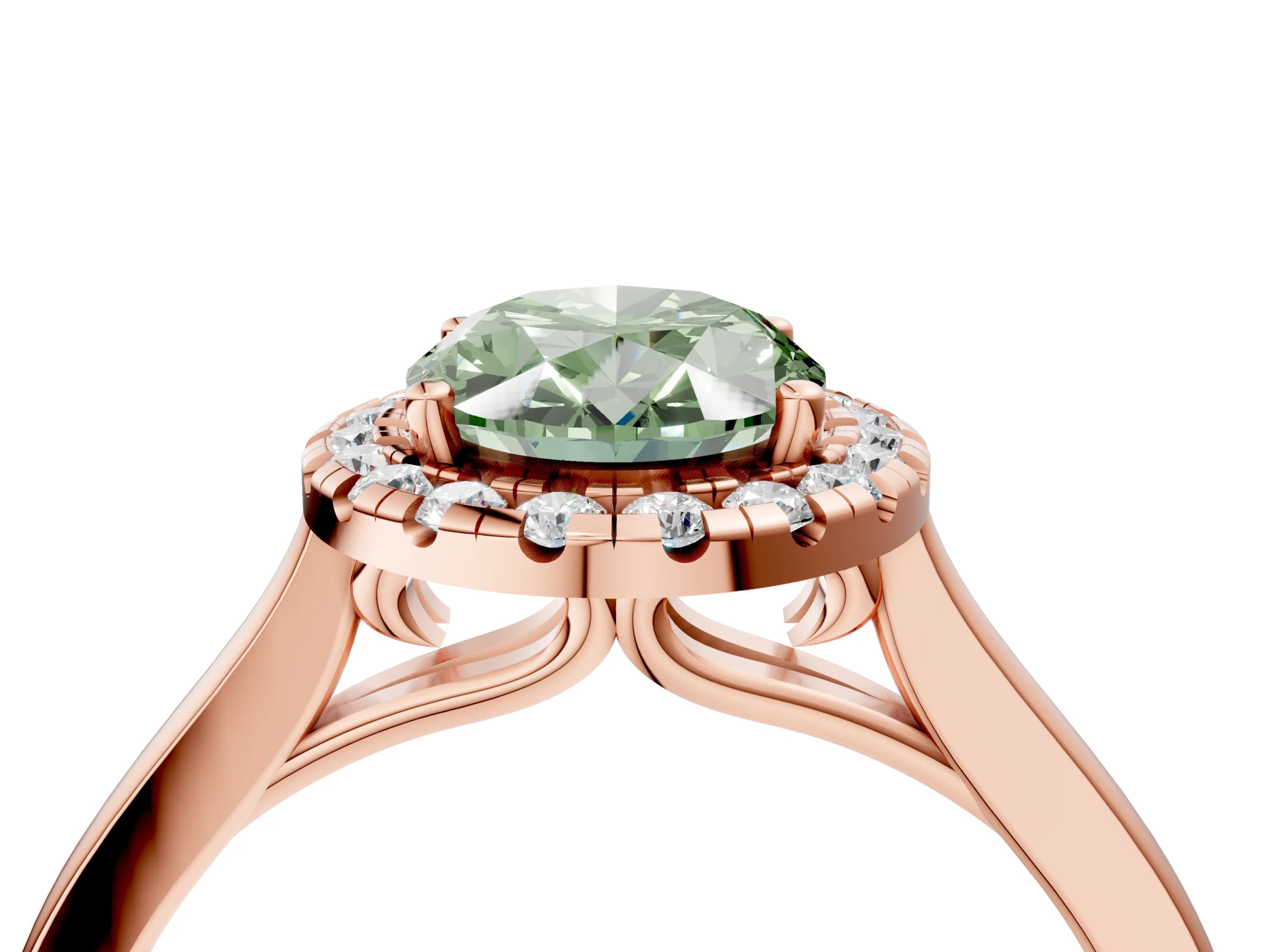 Rose gold Fancy Green Oval Cut Halo Round Diamond Solitaire Ring with Pavé Band and Four-Prong Setting_4