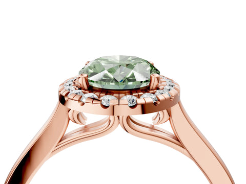 Rose gold Fancy Green Oval Cut Halo Round Diamond Solitaire Ring with Pavé Band and Four-Prong Setting_4