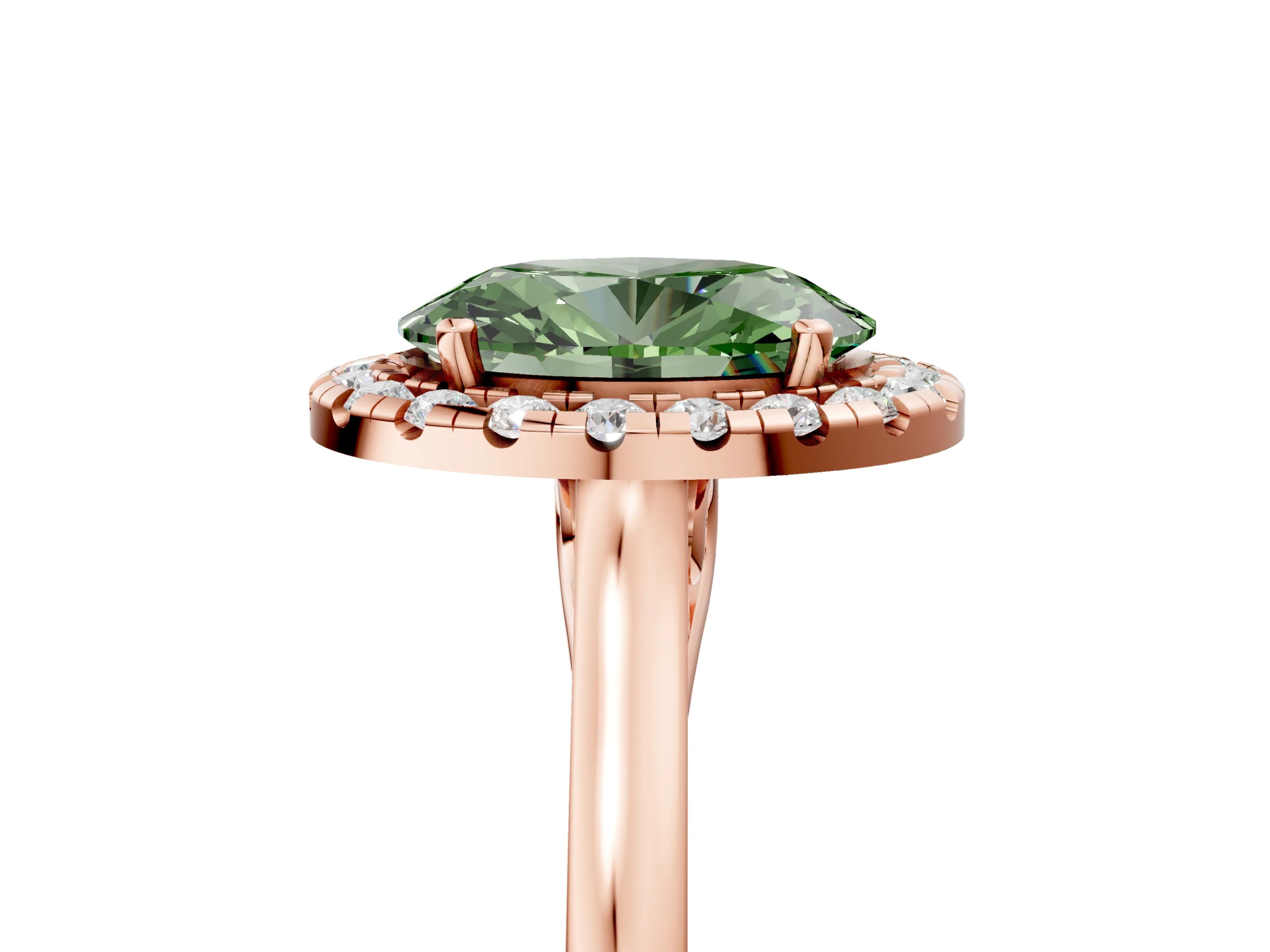Rose gold Fancy Green Oval Cut Halo Round Diamond Solitaire Ring with Pavé Band and Four-Prong Setting_5