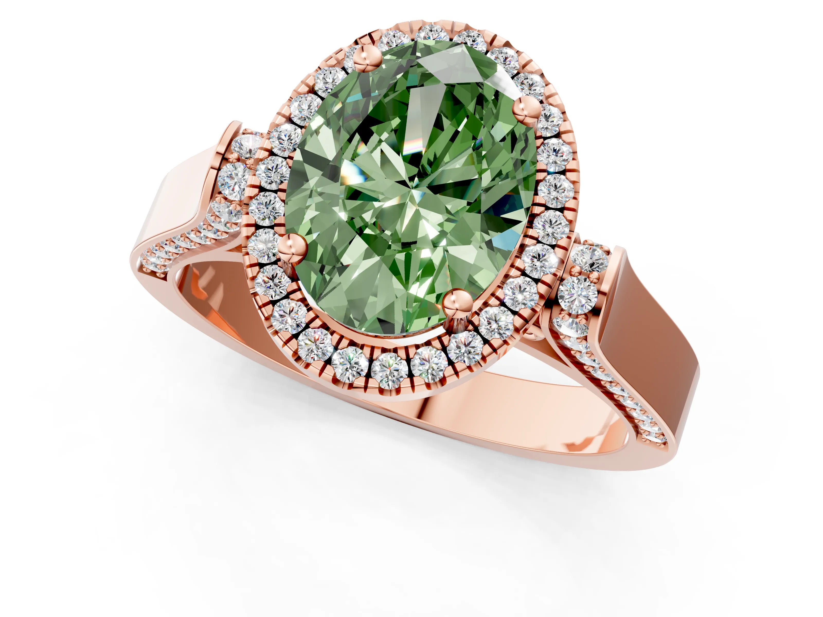 Rose gold Fancy Green Oval Cut Halo Round Diamond Twist Band with Four-Prong Setting_1