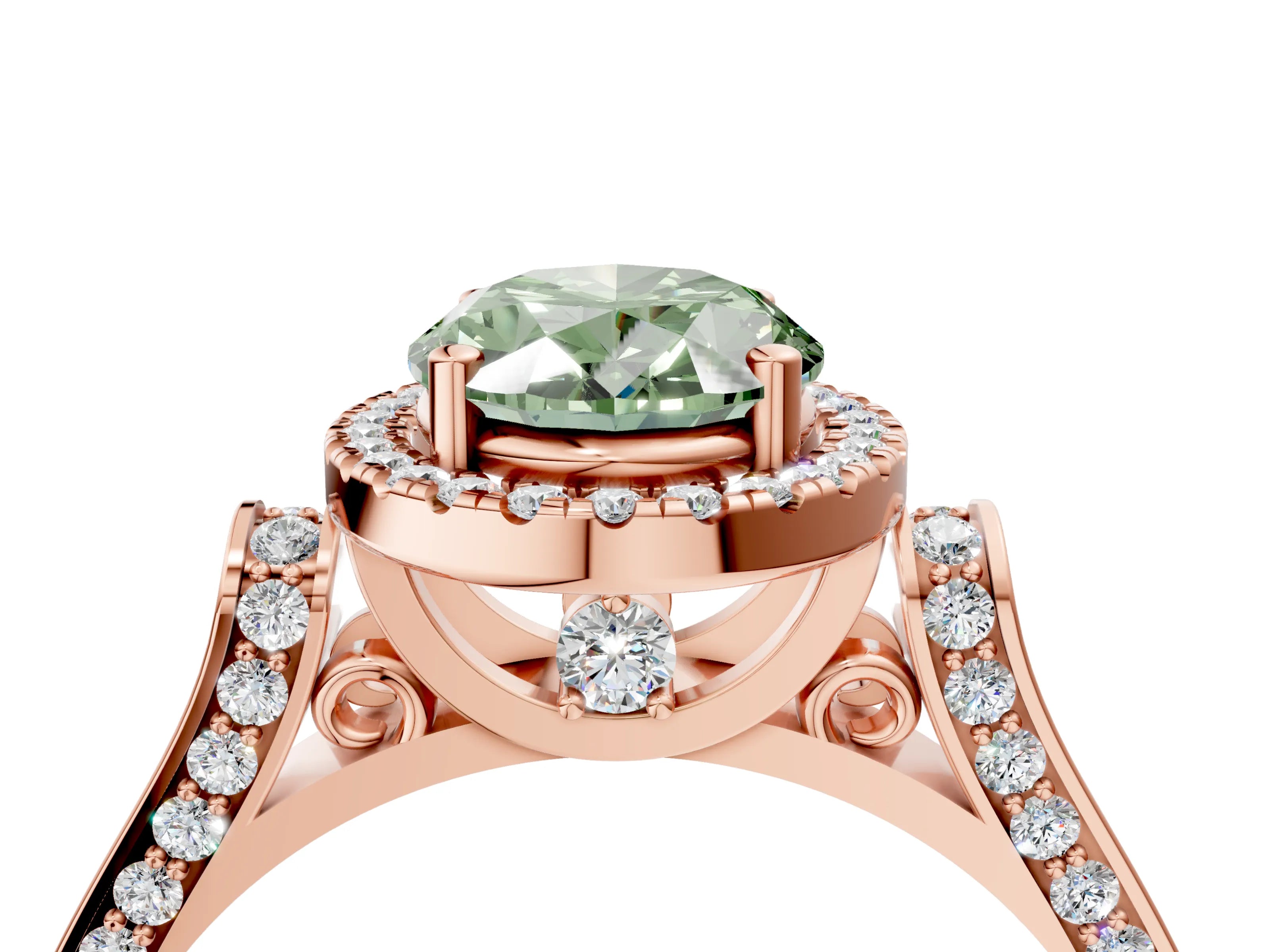Rose gold Fancy Green Oval Cut Halo Round Diamond Twist Band with Four-Prong Setting_4