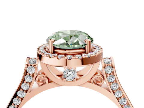 Rose gold Fancy Green Oval Cut Halo Round Diamond Twist Band with Four-Prong Setting_4