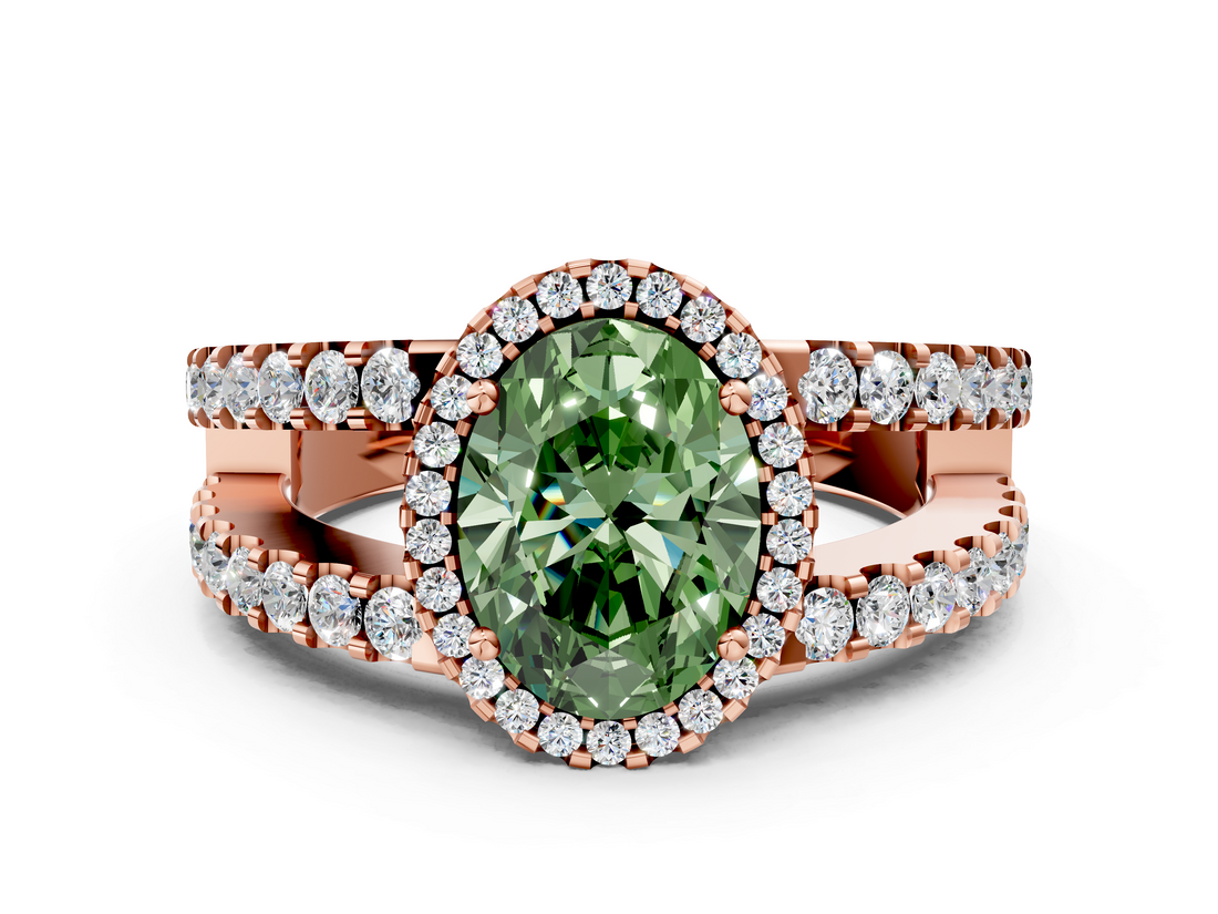 Rose gold Fancy Green Oval  Cut Halo Split Shank Diamond Ring with Four-Prong Setting_44