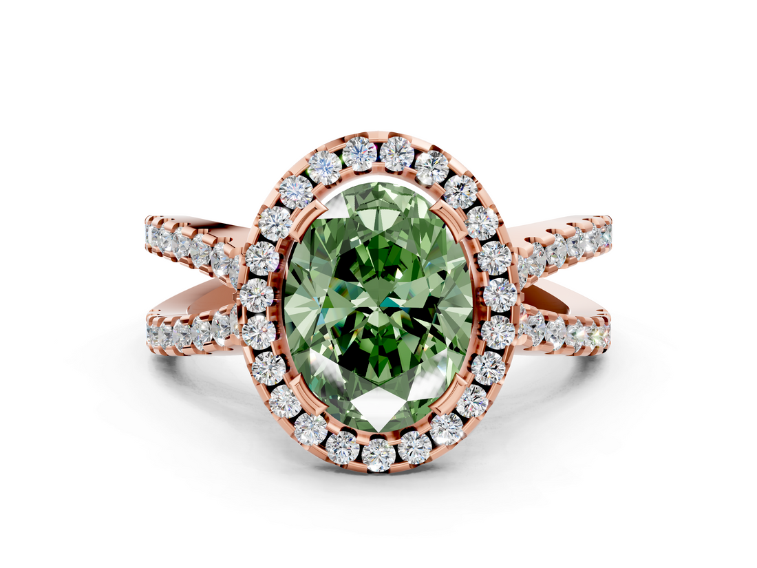 Rose gold Fancy Green Oval  Cut Halo Split Shank Pave Set Ring_62