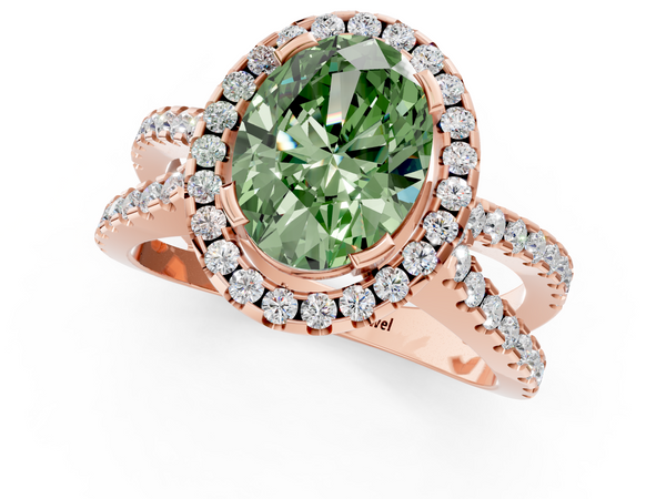 Rose gold Fancy Green Oval Cut Diamond Halo Ring with Split Shank Pavé Band and Prong Setting