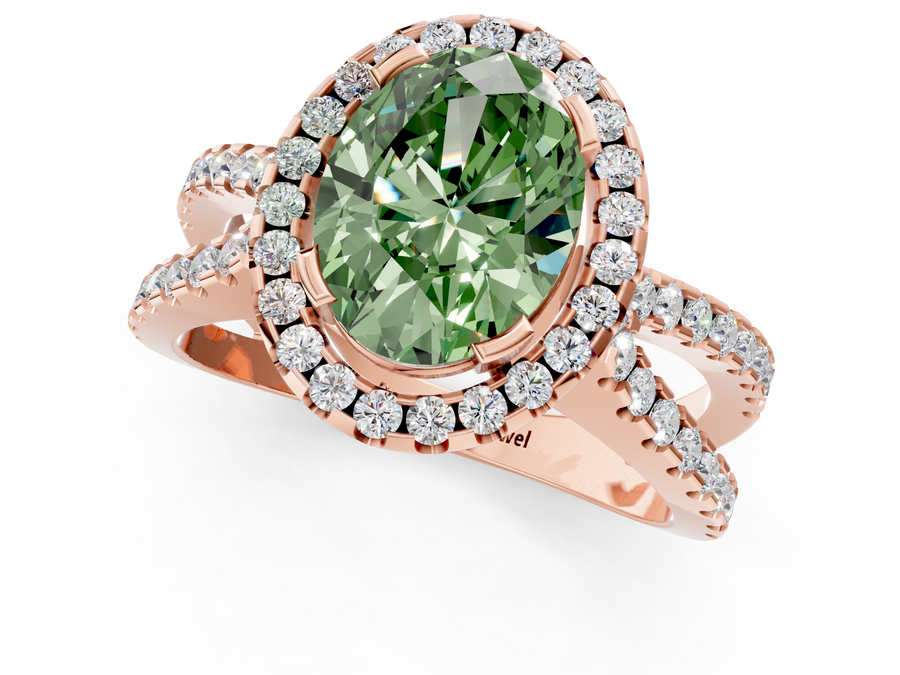 Rose gold Fancy Green Oval Cut Diamond Halo Ring with Split Shank Pavé Band and Prong Setting