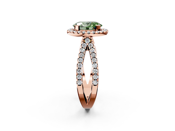 Rose gold Fancy Green Oval Cut Diamond Halo Ring with Split Shank Pavé Band and Prong Setting
