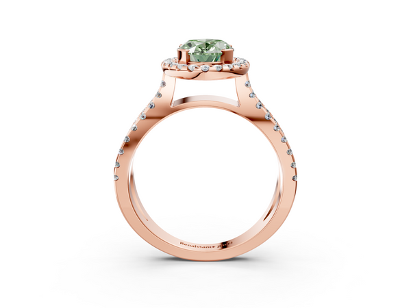 Rose gold Fancy Green Oval Cut Diamond Halo Ring with Split Shank Pavé Band and Prong Setting