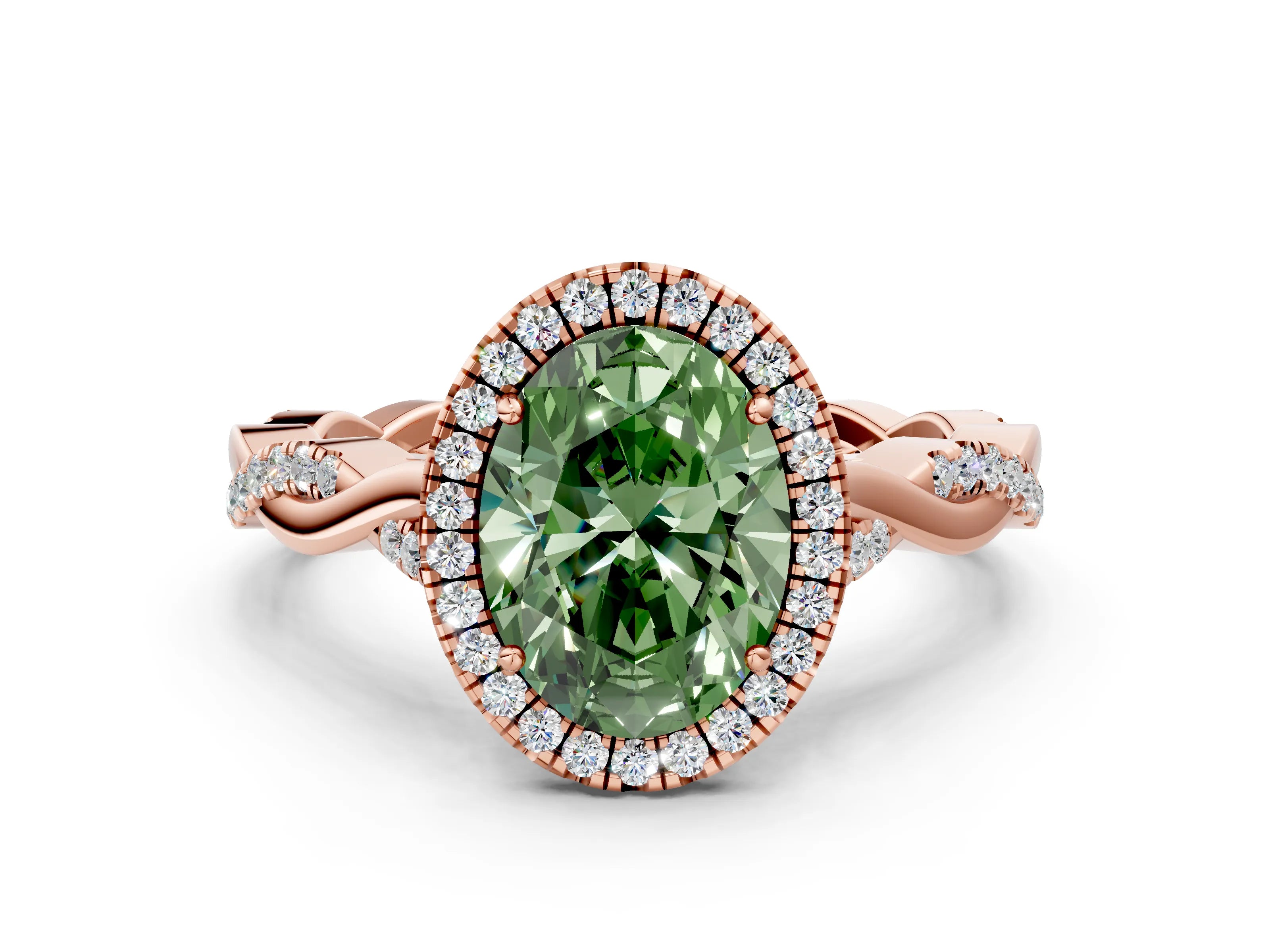 Rose gold Fancy Green Oval Cut Halo Twist Band with Four-Prong Setting