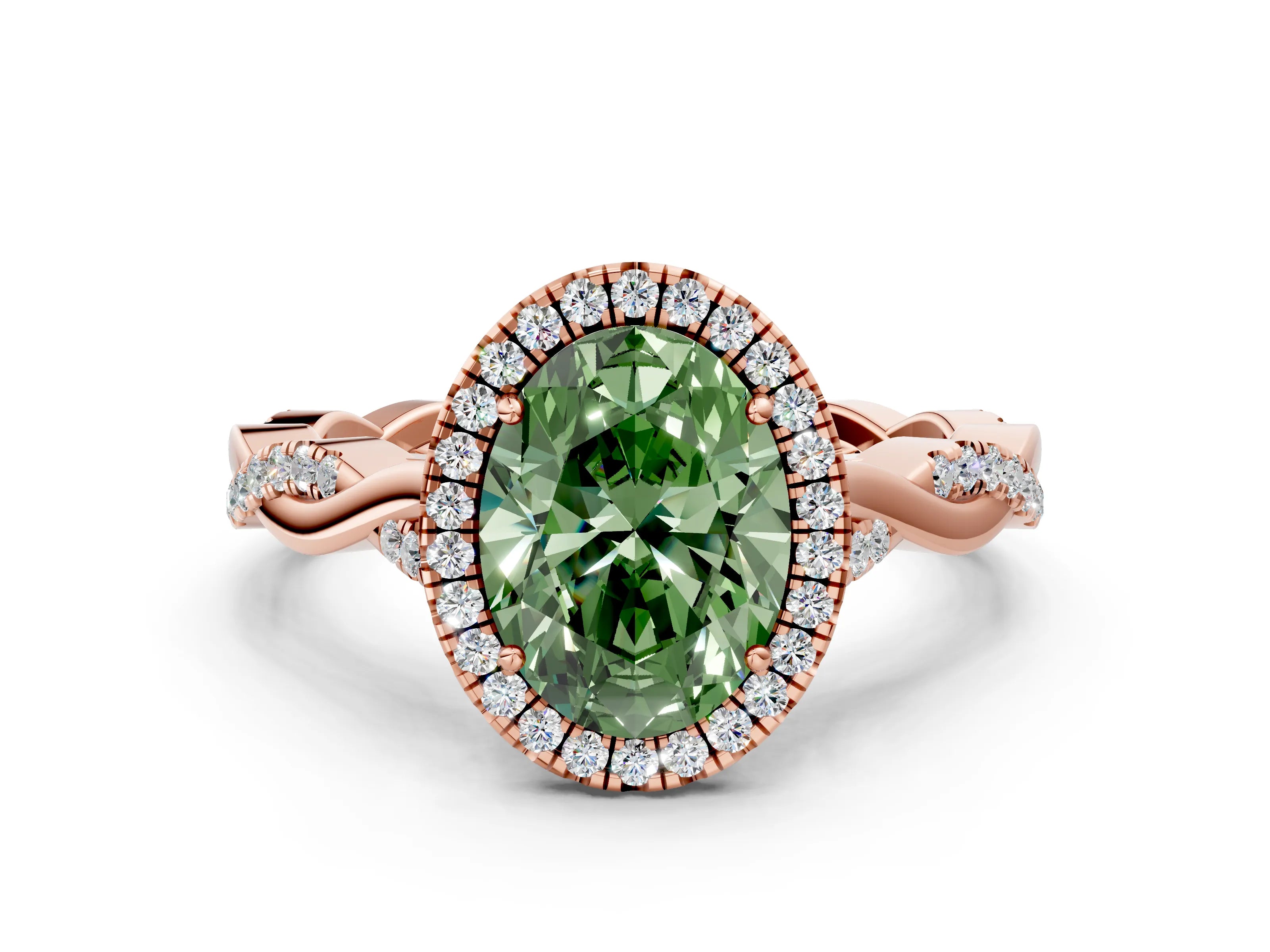 Rose gold Fancy Green Oval Cut Halo Twist Band with Four-Prong Setting_12