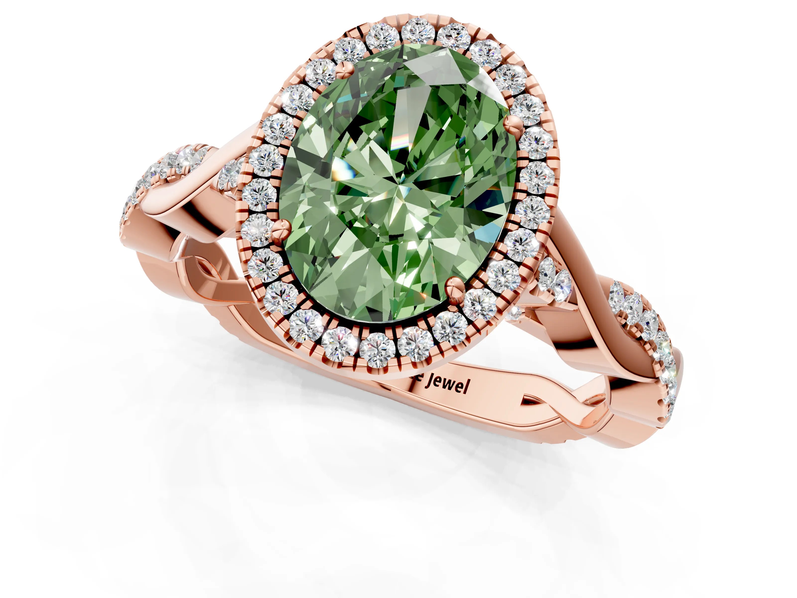 Rose gold Fancy Green Oval Cut Halo Twist Band with Four-Prong Setting_13