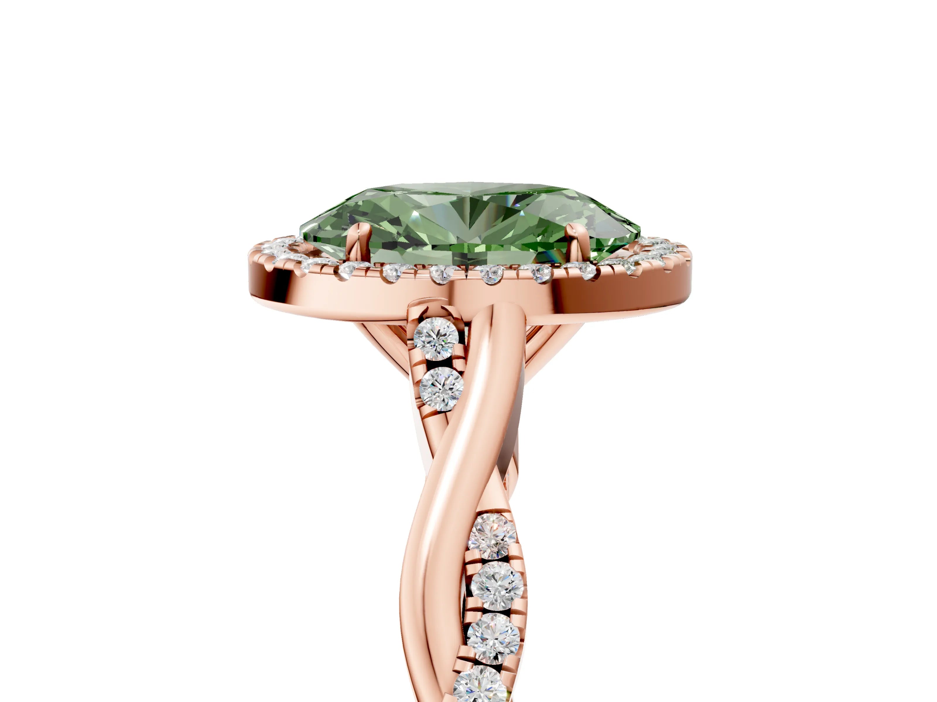 Rose gold Fancy Green Oval Cut Halo Twist Band with Four-Prong Setting_17