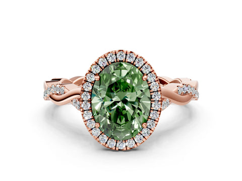 Rose gold Fancy Green Oval Cut Halo Twist Band with Four-Prong Setting