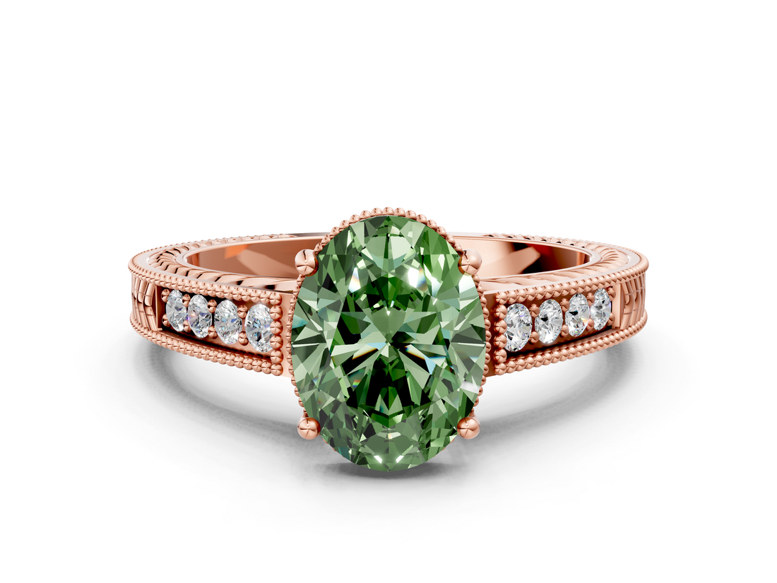 Rose gold Fancy Green Oval  Cut Milgrain Channel Set Engagement Ring with Solitaire Prong Setting_50