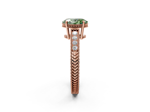 Rose gold Fancy Green Oval Cut Diamond Engagement Ring with Milgrain Channel Set Band and Prong Setting