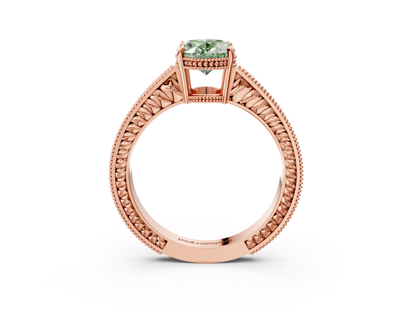 Rose gold Fancy Green Oval Cut Diamond Engagement Ring with Milgrain Channel Set Band and Prong Setting
