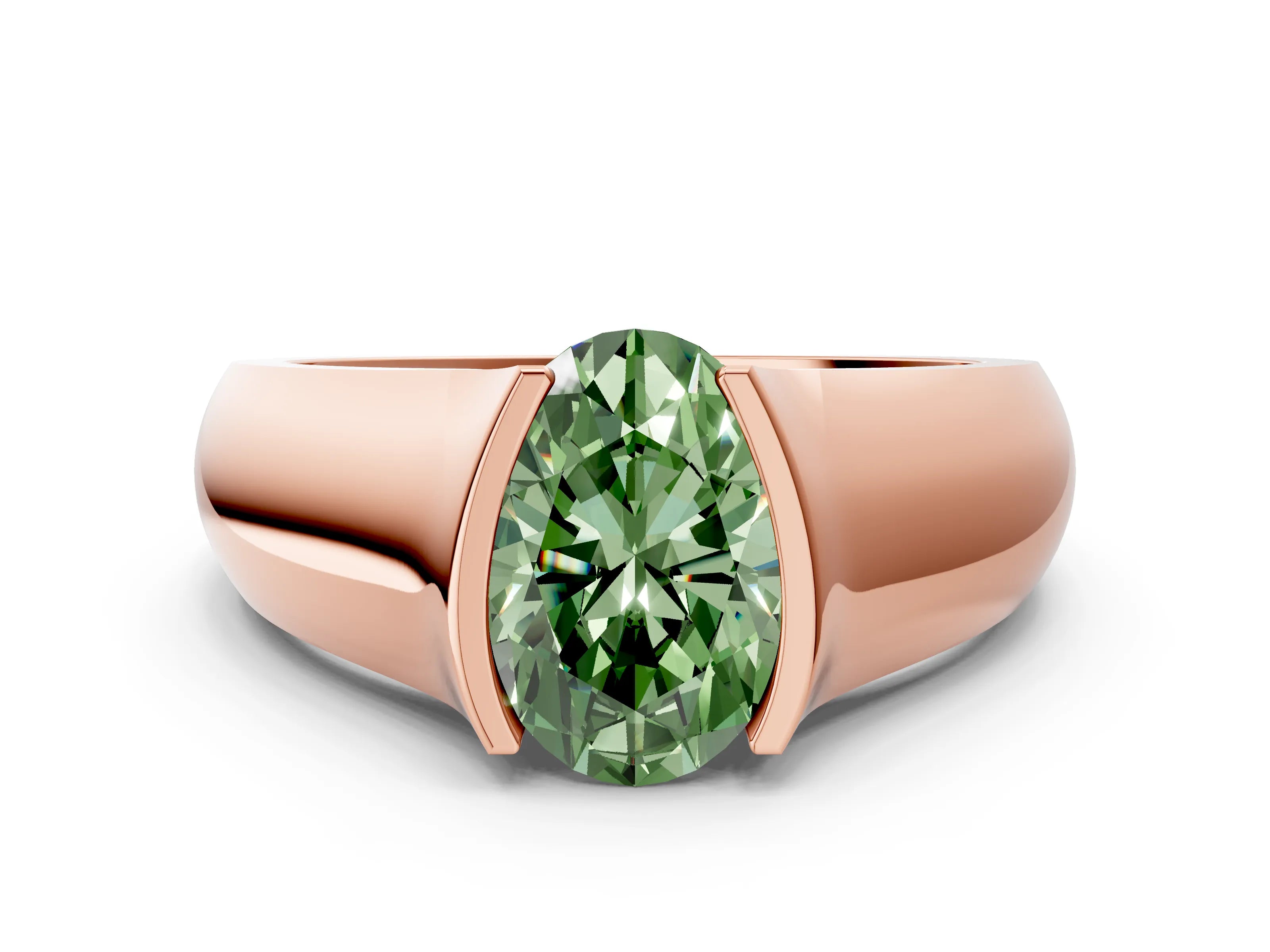 Rose gold Fancy Green Oval Cut Solitaire Bezel Set Diamond Ring with Wide Band