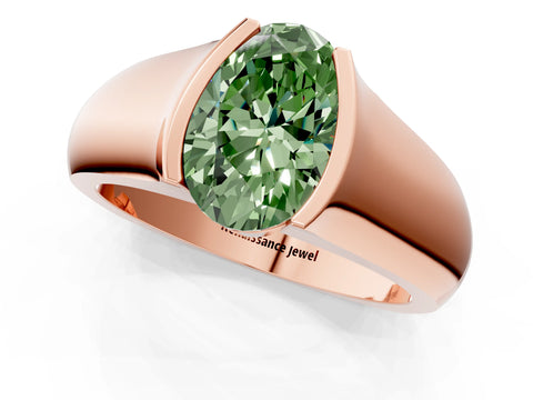 Rose gold Fancy Green Oval Cut Solitaire Bezel Set Diamond Ring with Wide Band_1