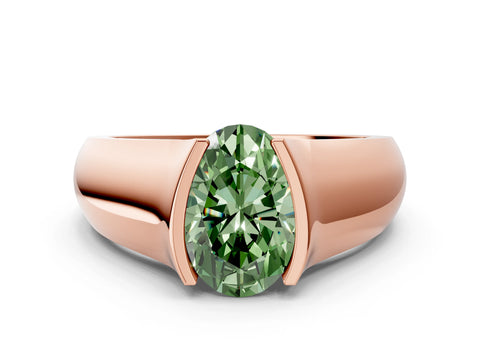 Rose gold Fancy Green Oval Cut Solitaire Bezel Set Diamond Ring with Wide Band