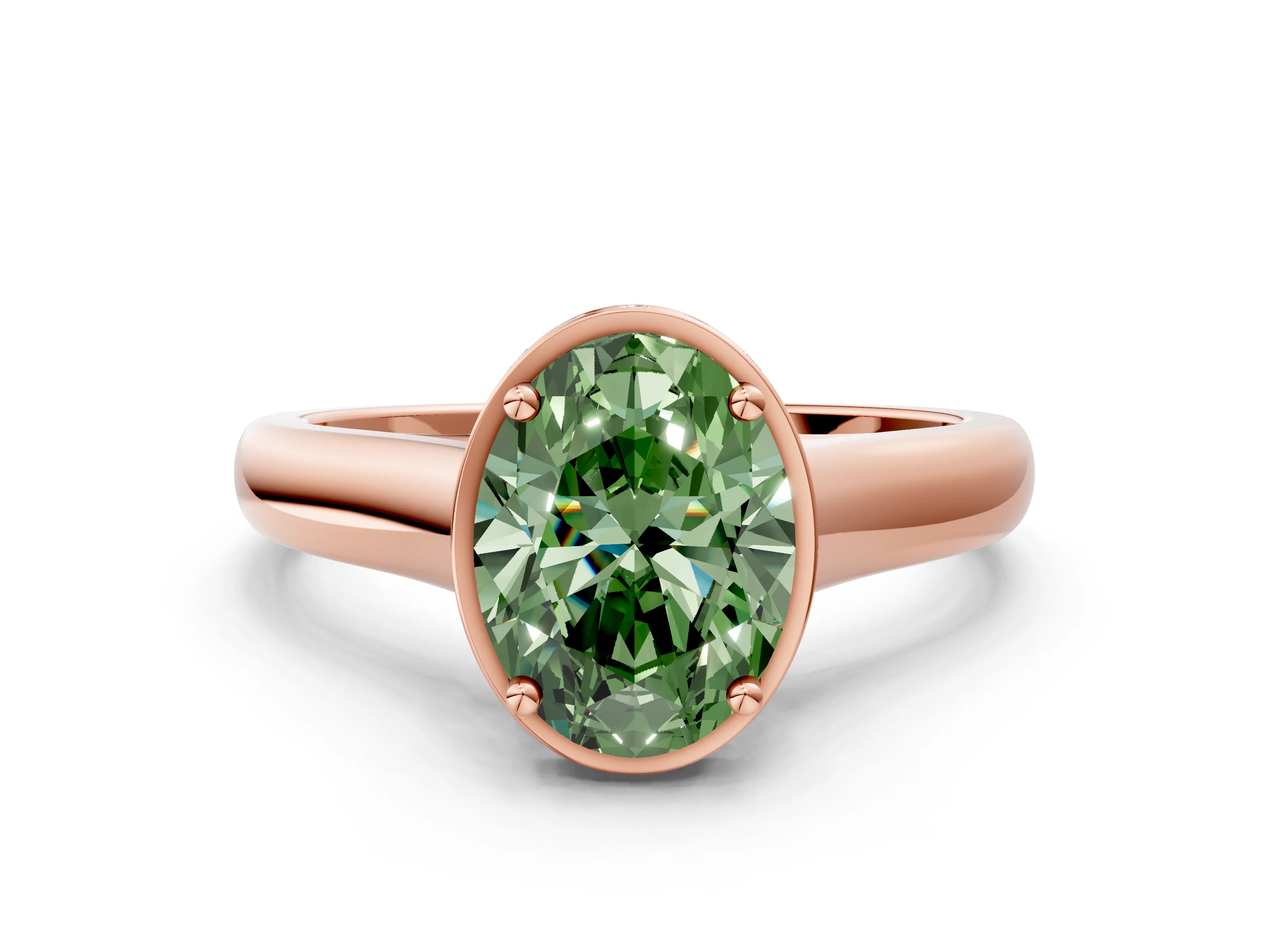Rose gold Fancy Green Oval Cut Solitaire Diamond Engagement Ring with Four-Prong Setting and Tapered Band
