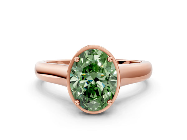 Rose gold Fancy Green Oval Cut Solitaire Diamond Engagement Ring with Four-Prong Setting and Tapered Band