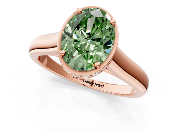 Rose gold Fancy Green Oval Cut Solitaire Diamond Engagement Ring with Four-Prong Setting and Tapered Band