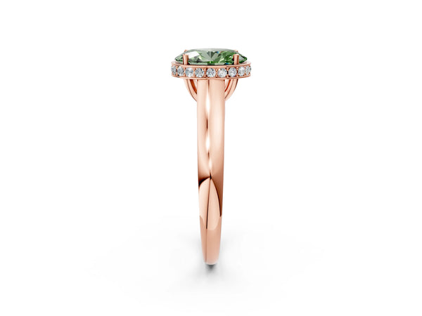 Rose gold Fancy Green Oval Cut Solitaire Diamond Engagement Ring with Four-Prong Setting and Tapered Band