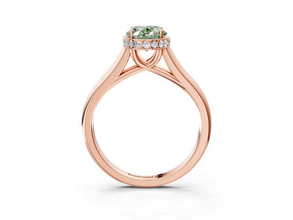 Rose gold Fancy Green Oval Cut Solitaire Diamond Engagement Ring with Four-Prong Setting and Tapered Band