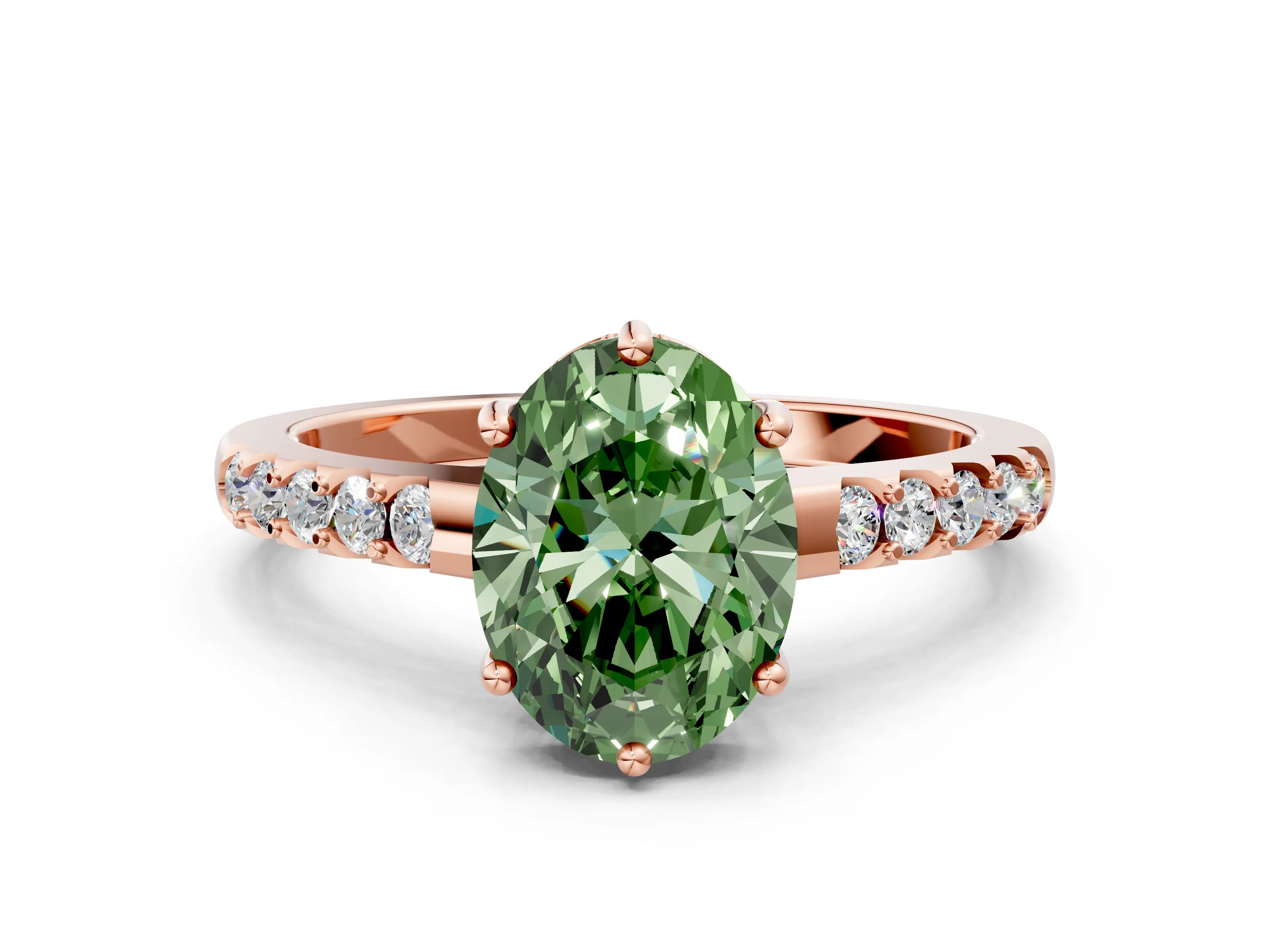 Rose gold Fancy Green Oval Cut Solitaire Diamond Engagement Ring with Pavé Band and Six-Prong Setting_12