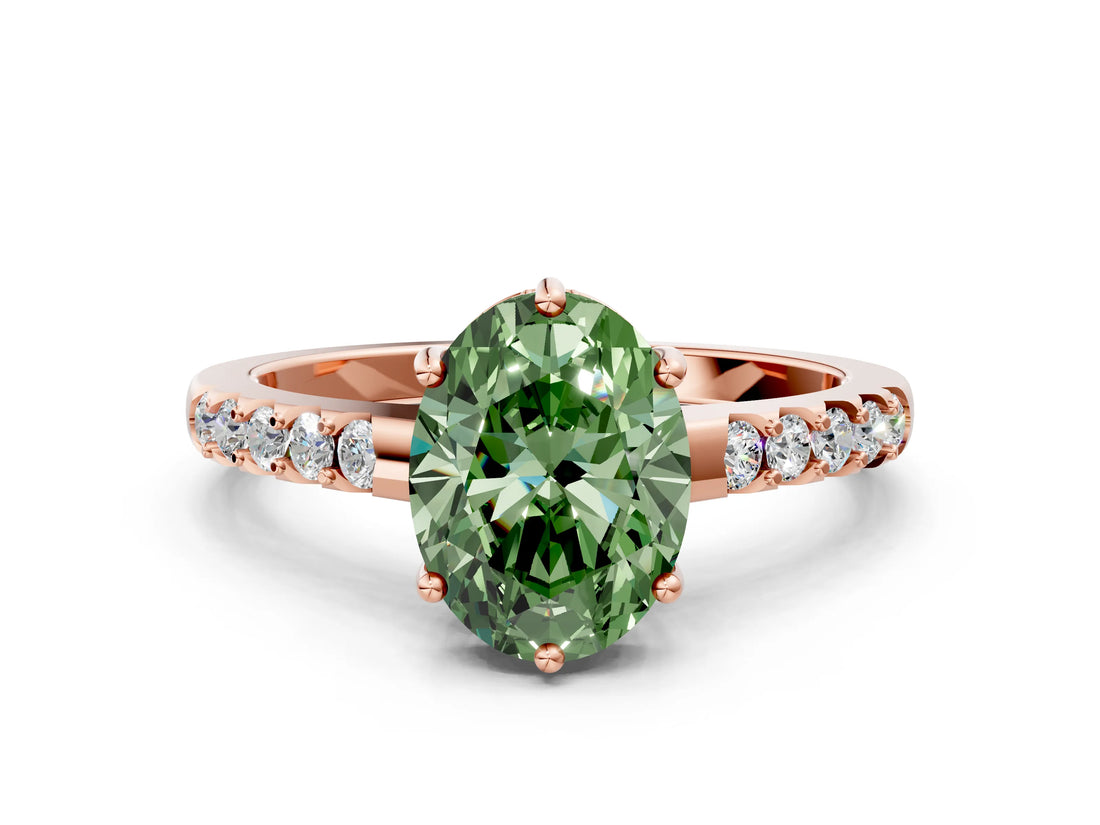 Rose gold Fancy Green Oval Cut Solitaire Diamond Engagement Ring with Pavé Band and Six-Prong Setting_12