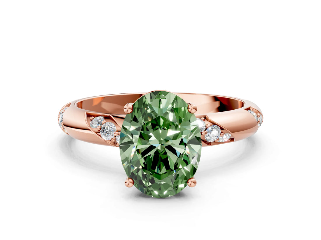 Rose gold Fancy Green Oval Cut Solitaire Diamond Engagement Ring with Twisted Pave Band and Four-Prong Setting_3