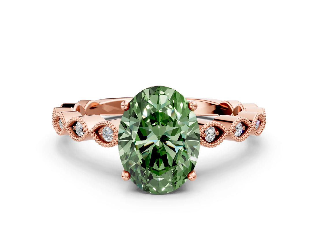 Rose gold Fancy Green Oval Cut Solitaire Diamond Ring with Infinity Twist Band and Four-Prong Setting