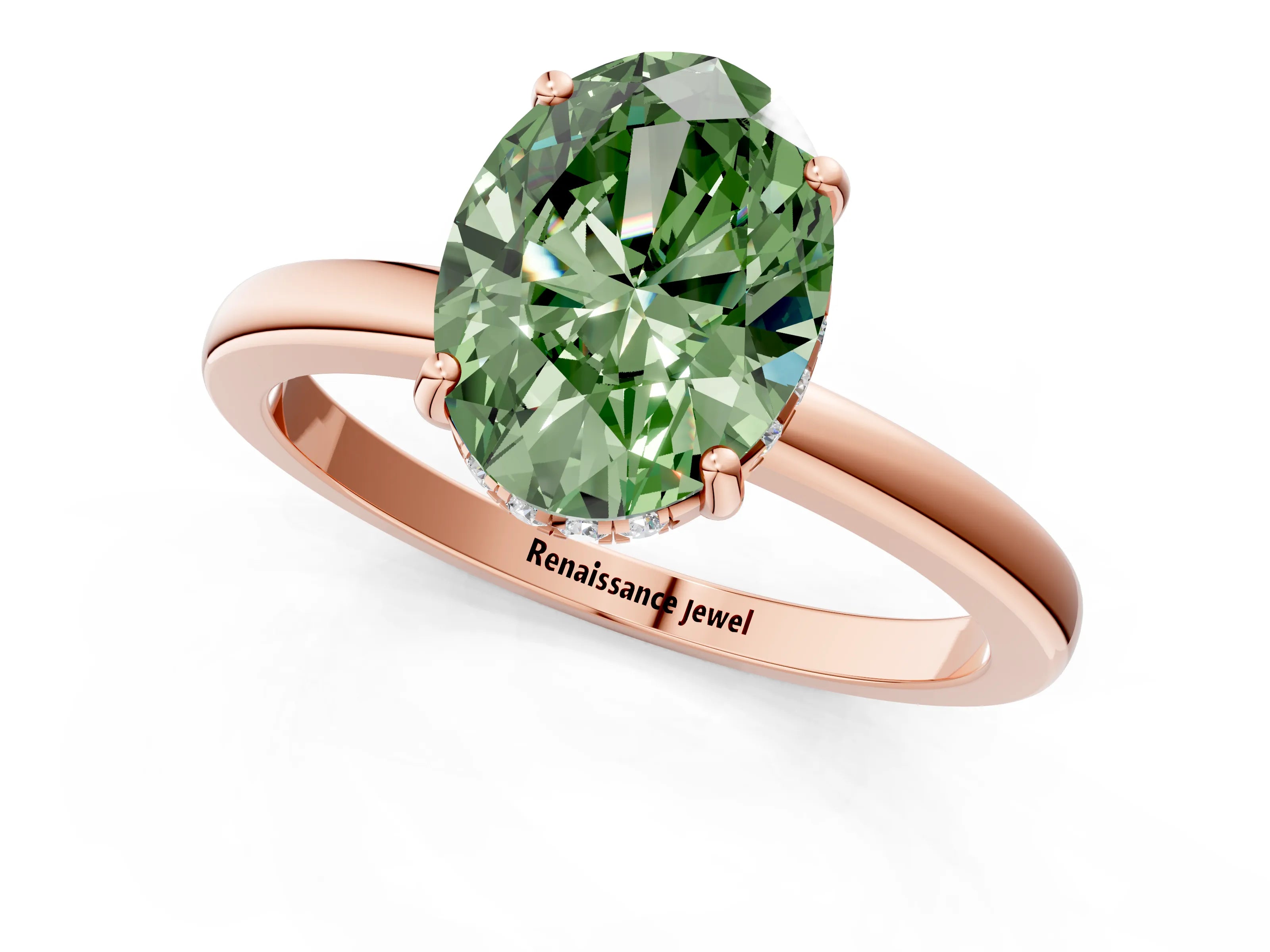 Rose gold Fancy Green Oval Cut Solitaire Diamond Ring with Prong Setting and Plain Band_1