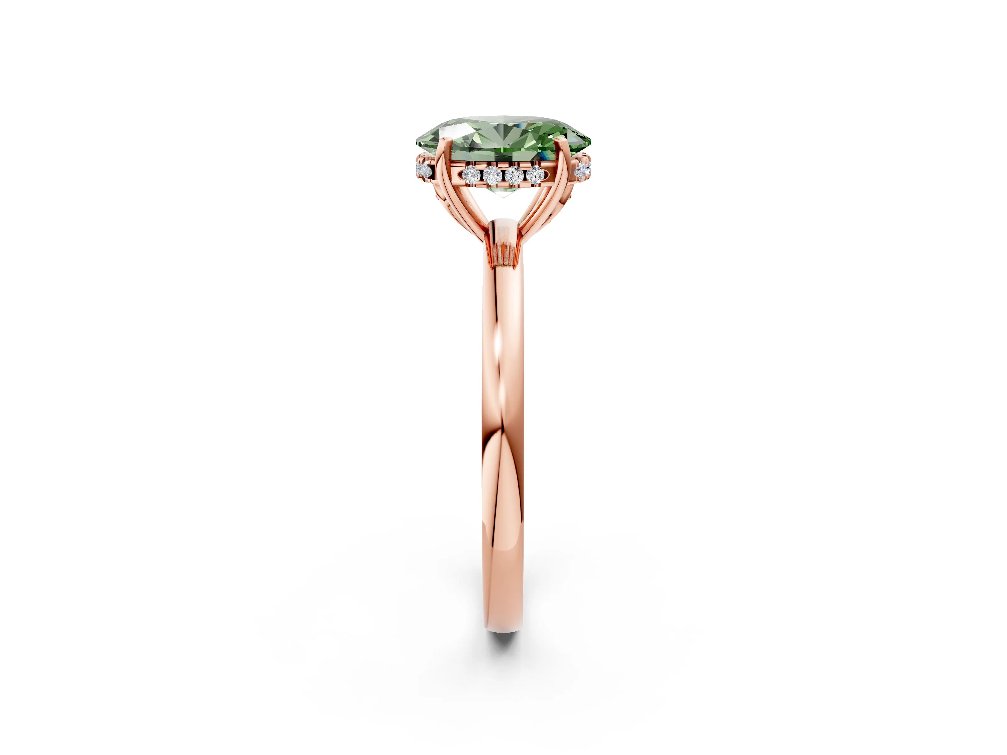 Rose gold Fancy Green Oval Cut Solitaire Diamond Ring with Prong Setting and Plain Band_2