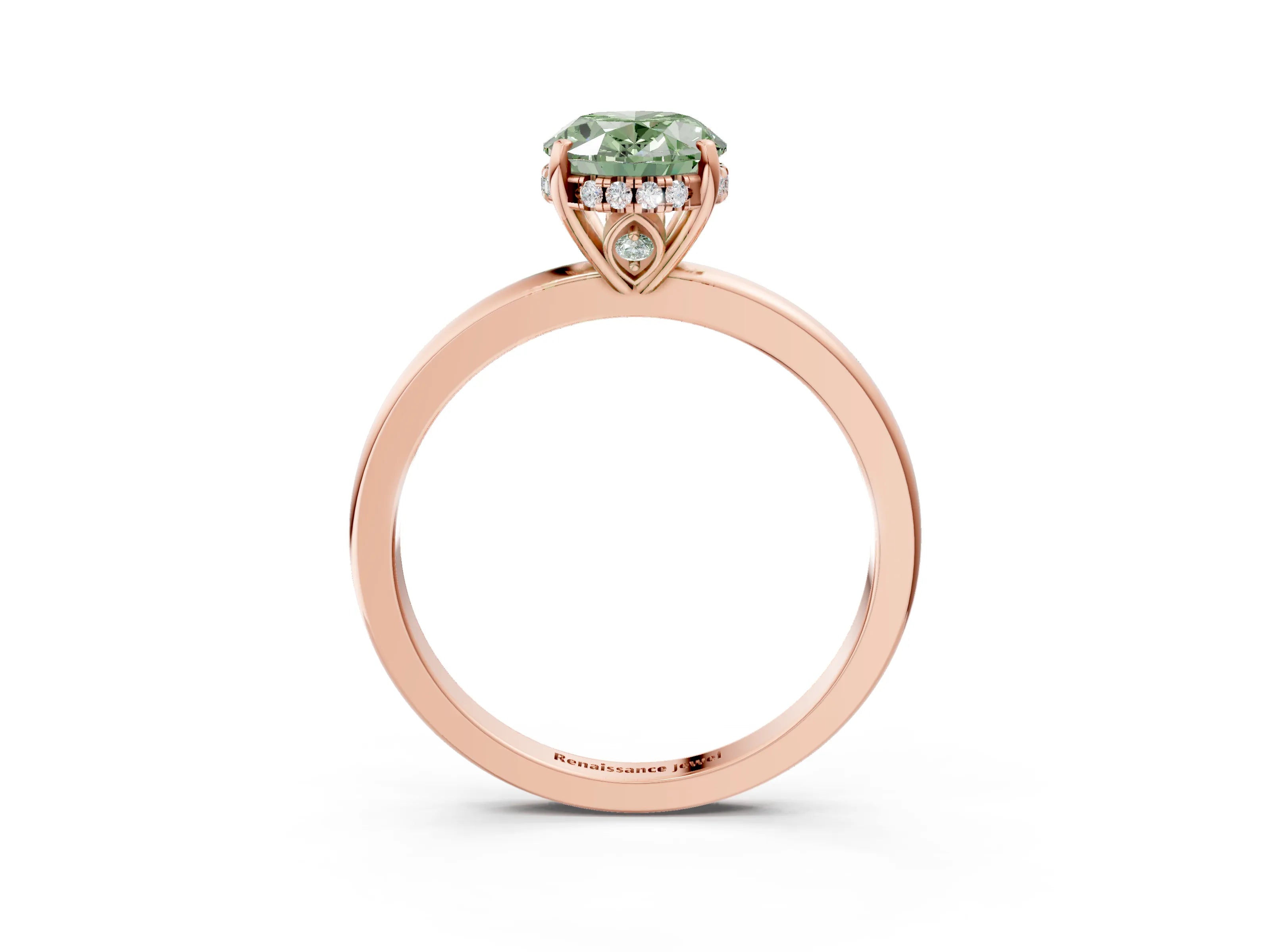 Rose gold Fancy Green Oval Cut Solitaire Diamond Ring with Prong Setting and Plain Band_3