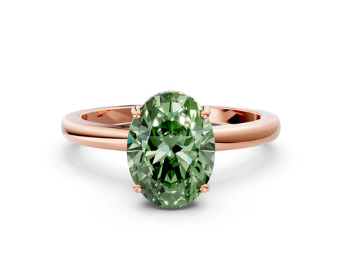 Rose gold Fancy Green Oval Cut Solitaire Diamond Ring with Prong Setting and Plain Band