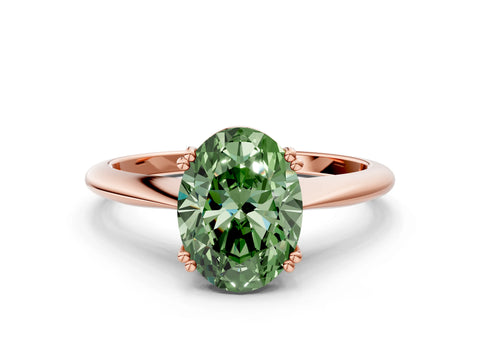 Rose gold Fancy Green Oval Cut Solitaire Diamond Ring with Six-Prong Setting and Classic Band
