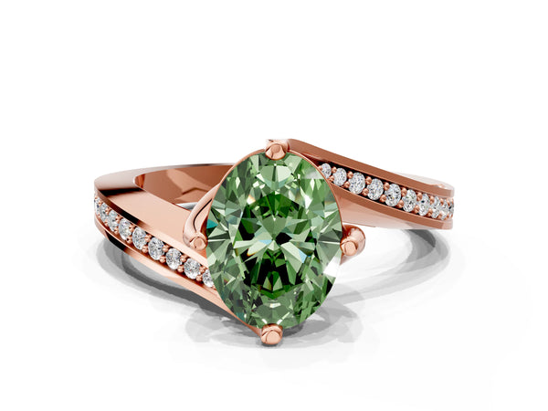 Rose gold Fancy Green Oval Cut Solitaire Diamond Twist Band with Pavé Setting and Four-Prong Setting