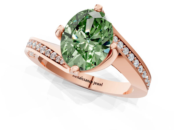 Rose gold Fancy Green Oval Cut Solitaire Diamond Twist Band with Pavé Setting and Four-Prong Setting