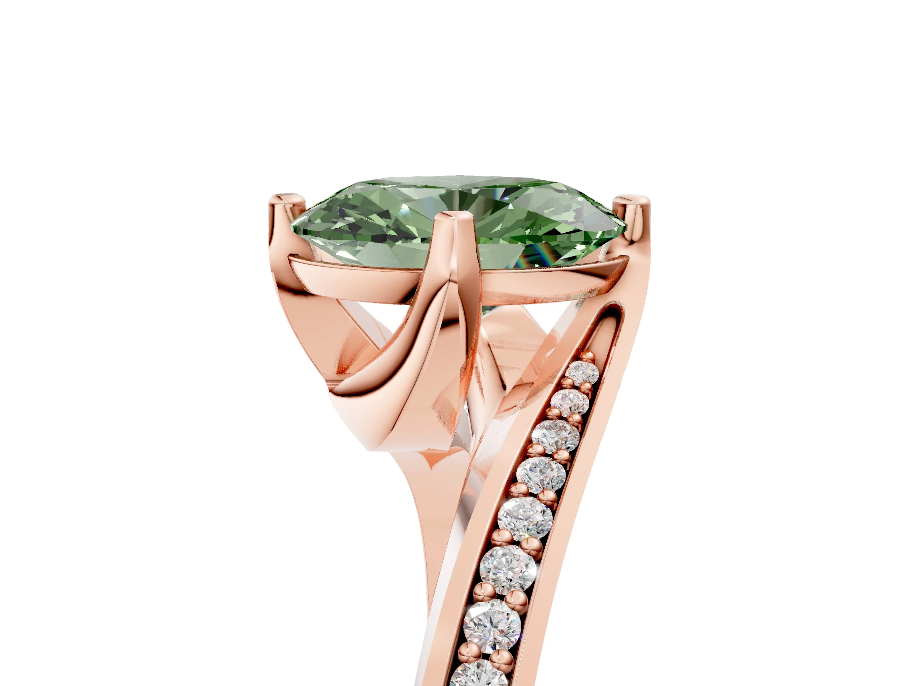 Rose gold Fancy Green Oval Cut Solitaire Diamond Twist Band with Pavé Setting and Four-Prong Setting_5