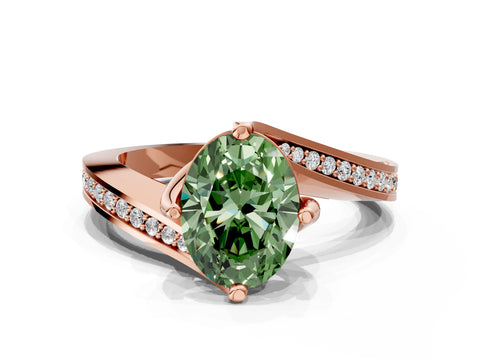 Rose gold Fancy Green Oval Cut Solitaire Diamond Twist Band with Pavé Setting and Four-Prong Setting