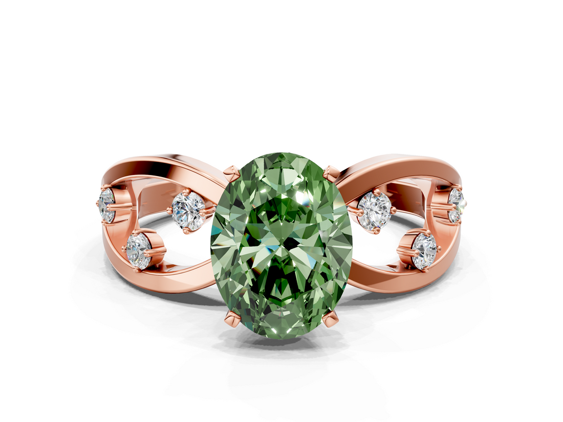 Rose gold Fancy Green Oval  Cut Solitaire Diamond with Side Stones on Criss-Cross Band and Four-Prong Setting_3
