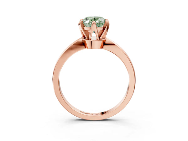 Rose gold Fancy Green Oval Cut Solitaire Engagement Ring with Six-Prong Setting and Tapered Band